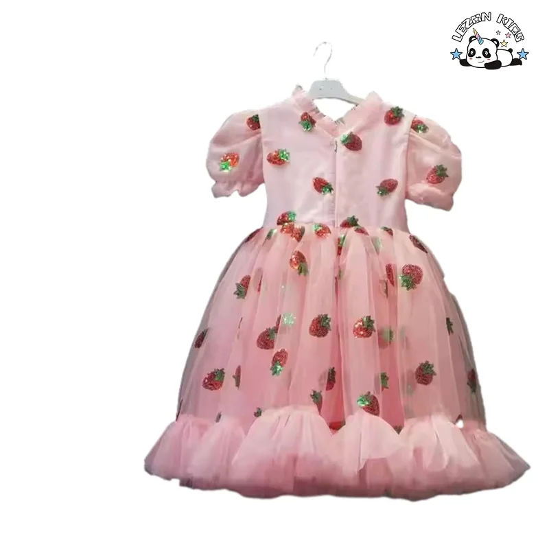 LEZONKIDS - Vestido infantil com lantejoulas de morango, manga bufante e tule rosa para meninas 2020